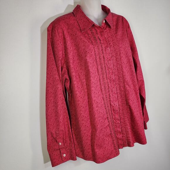 LL Bean Womens Wrinkle Resist Pleated Shirt XL Petite Paisley Hidden Button Pink - Picture 4 of 13